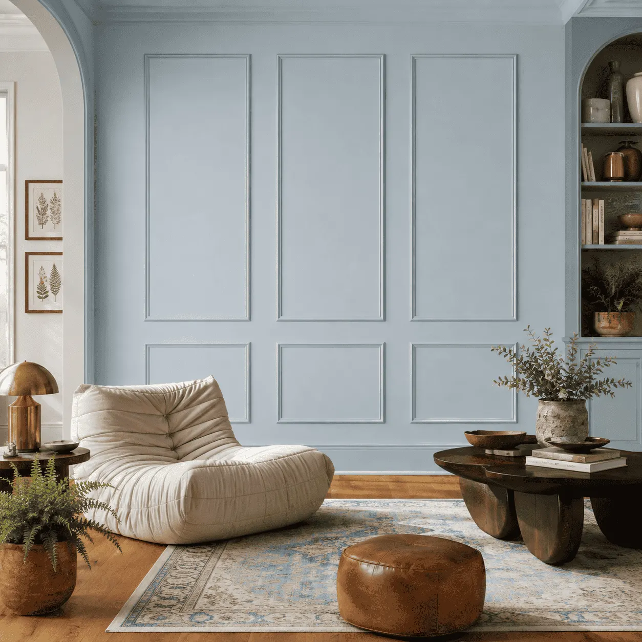 Light blue picture-frame wall molding in a living room